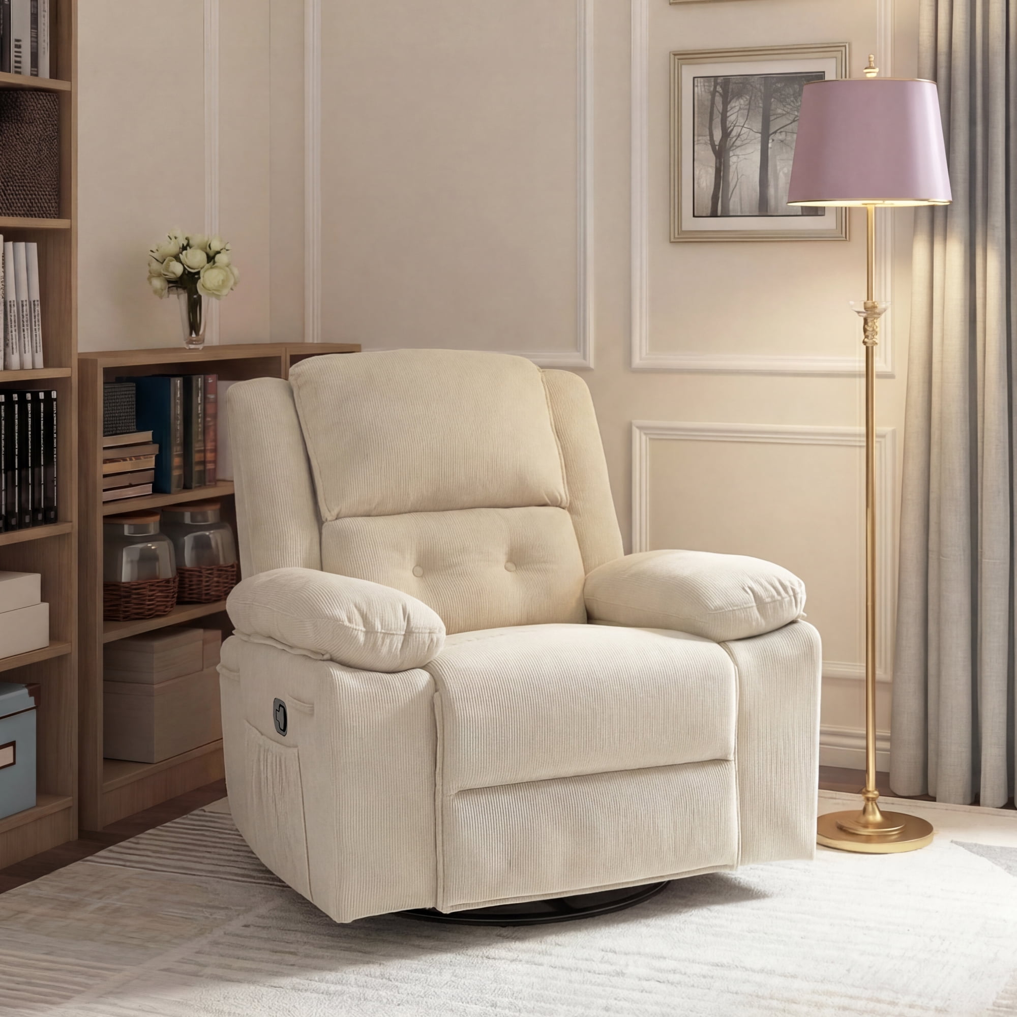 FlexiSpot Swivel Recliner Chair with Heat & Massage, 3-Position Adjustable Backrest, Soft Woven Fabric Nursery Glider with 360° Swivel, Wide Armrests, Large Side Pockets & 300 lbs Support,Beige