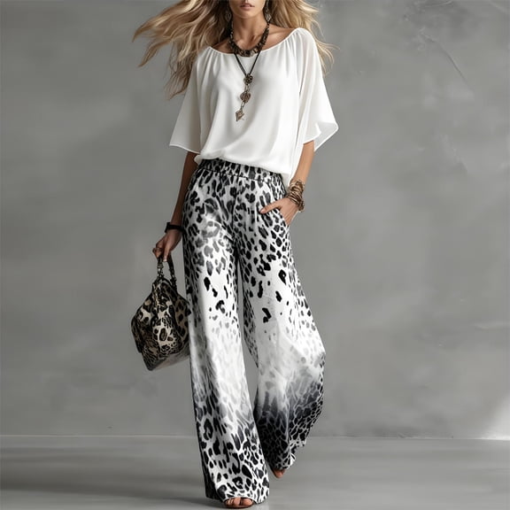 Morttic Women's Solid Color Batwing Sleeve Top & Gradient Leopard Print Wide Leg Pants Set Casual Summer Outfit White,S
