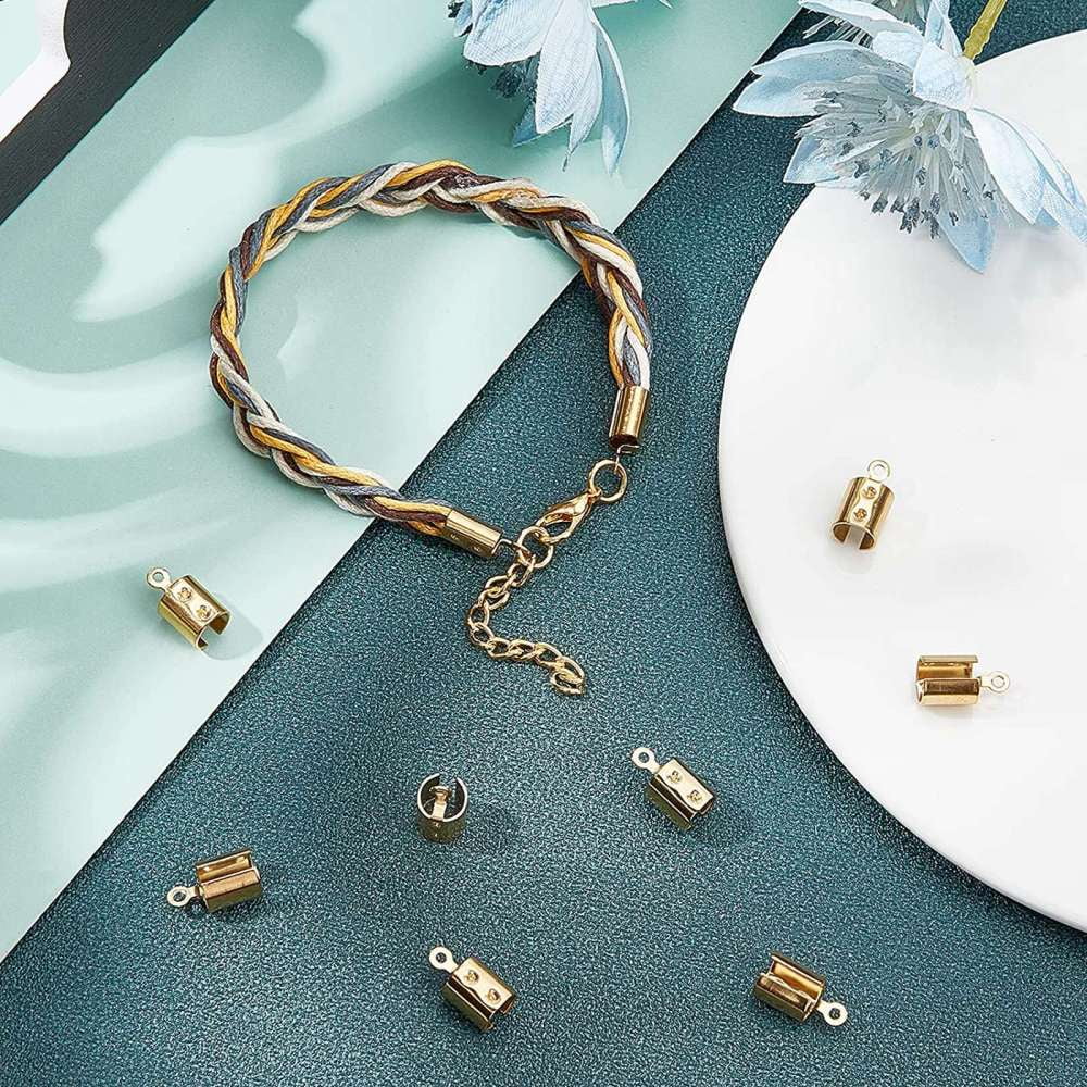 Ion Plating(IP) 304 Stainless Steel Folding Crimp Ends Fold Over Crimp Cord Ends Golden 12x6.5x6.5mm Hole: 1.2mm