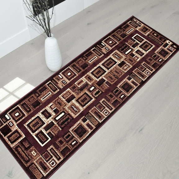 Handcraft Rugs-Modern Contemporary Brand New Area Rugs-Abstract Carpet with Frame/Boxy/Cube Pattern-Shed free Burgundy Red/Beige/Ivory/Black2x7 feet Runner