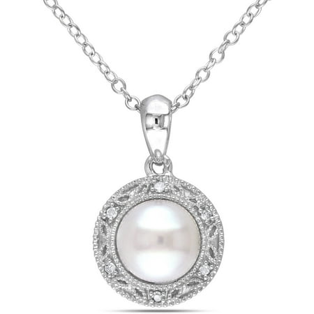 Miabella 7.5-8mm White Button Cultured Freshwater Pearl and Diamond-Accent Sterling Silver Round Halo Pendant, 18