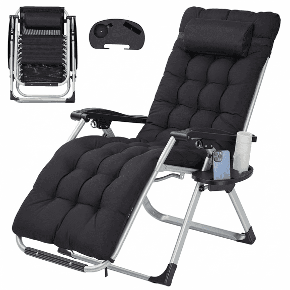 Mousport Zero Gravity Chair, Folding Adjustable Indoor Outdoor Foldable Padded Lounge Chair Reclining Lounge Chair with Removable Cushion, Headrest and Cup Holder, 353lbs, Black