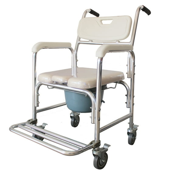 Winado Aluminum Shower Chair Bedside Commode with Casters and Padded Seat,Rolling Transport Chair Lockable Wheelchair