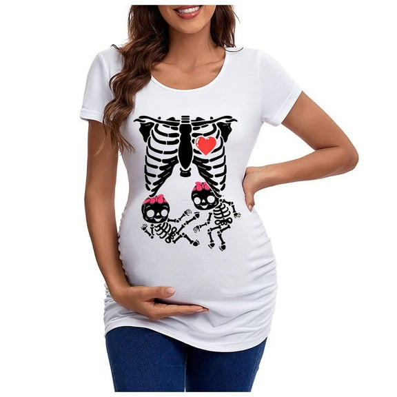 Halloween Maternity Shirt for Women Short Sleeve Floral Ruched Sides Tees Crewneck Casual Mama Pregnancy Blouses