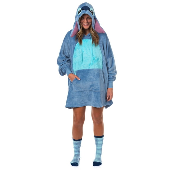 Disney Stitch Pajamas Women's Pullover Hooded Plush Dorm Sleep Shirt with Socks