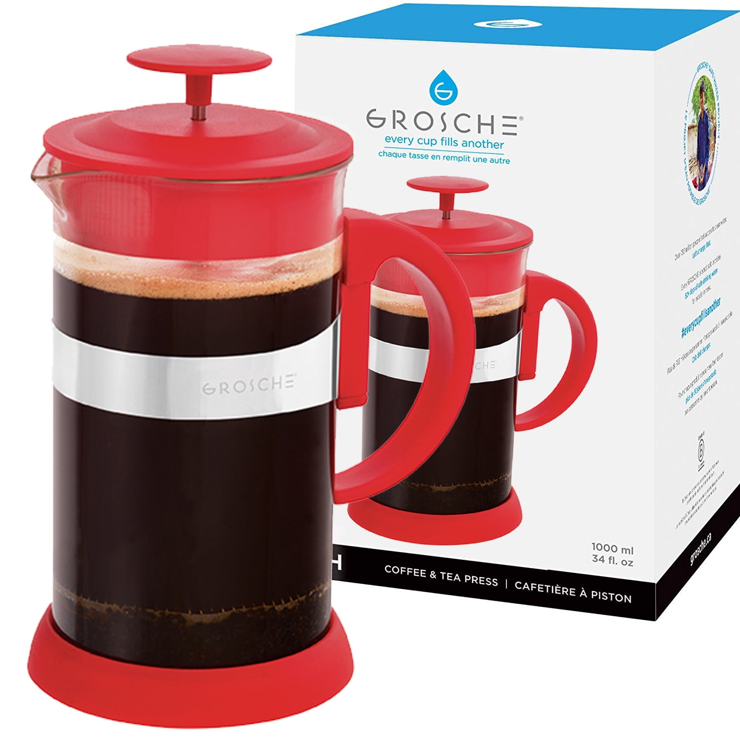 Grosche Zurich French Press Coffee Maker, 34 fl. oz, Red