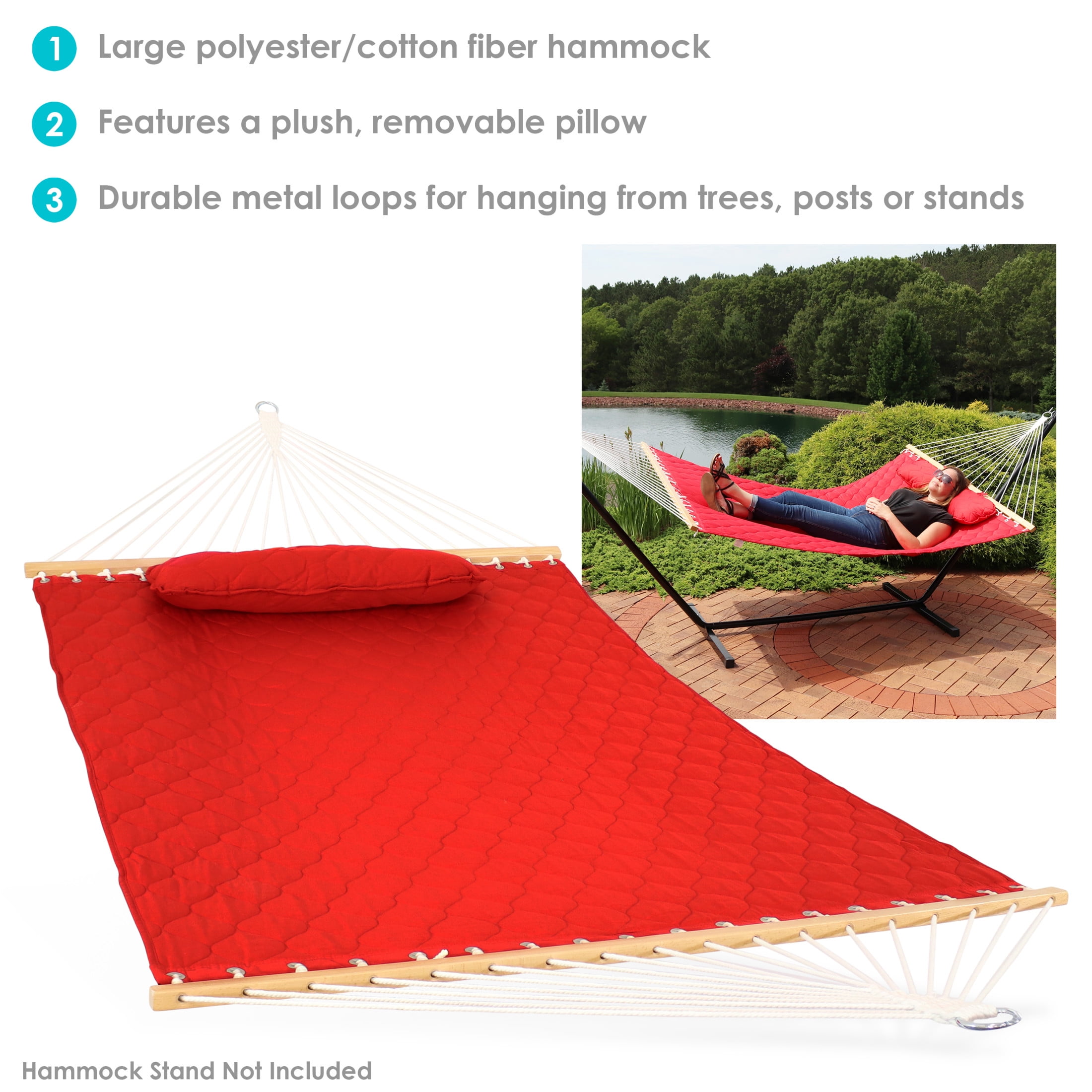 Sunnydaze 2-Person Quilted Polyester Spreader Bar Hammock with Pillow, 440 lb Capacity - Red