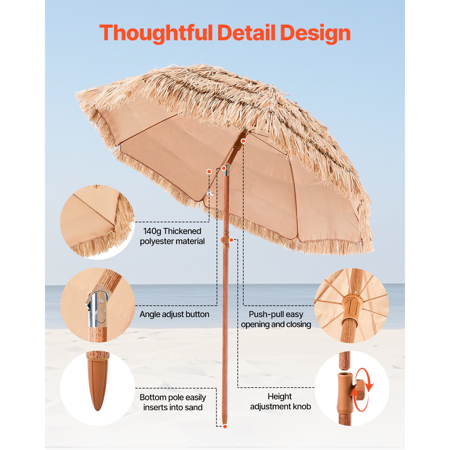 KFFKFF 6ft Thatched Patio Umbrella with Tilt, Hawaiian-Style Beach Parasol Featuring Durable PP Thatch and 8 Metal Ribs, Ideal for Beach, Patio, Poolside, Backyard, and Garden