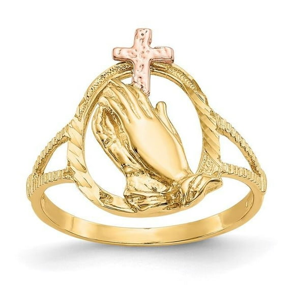 Finest Gold 14K Two-Tone Diamond-Cut Praying Hands Cross Ring - Size 6