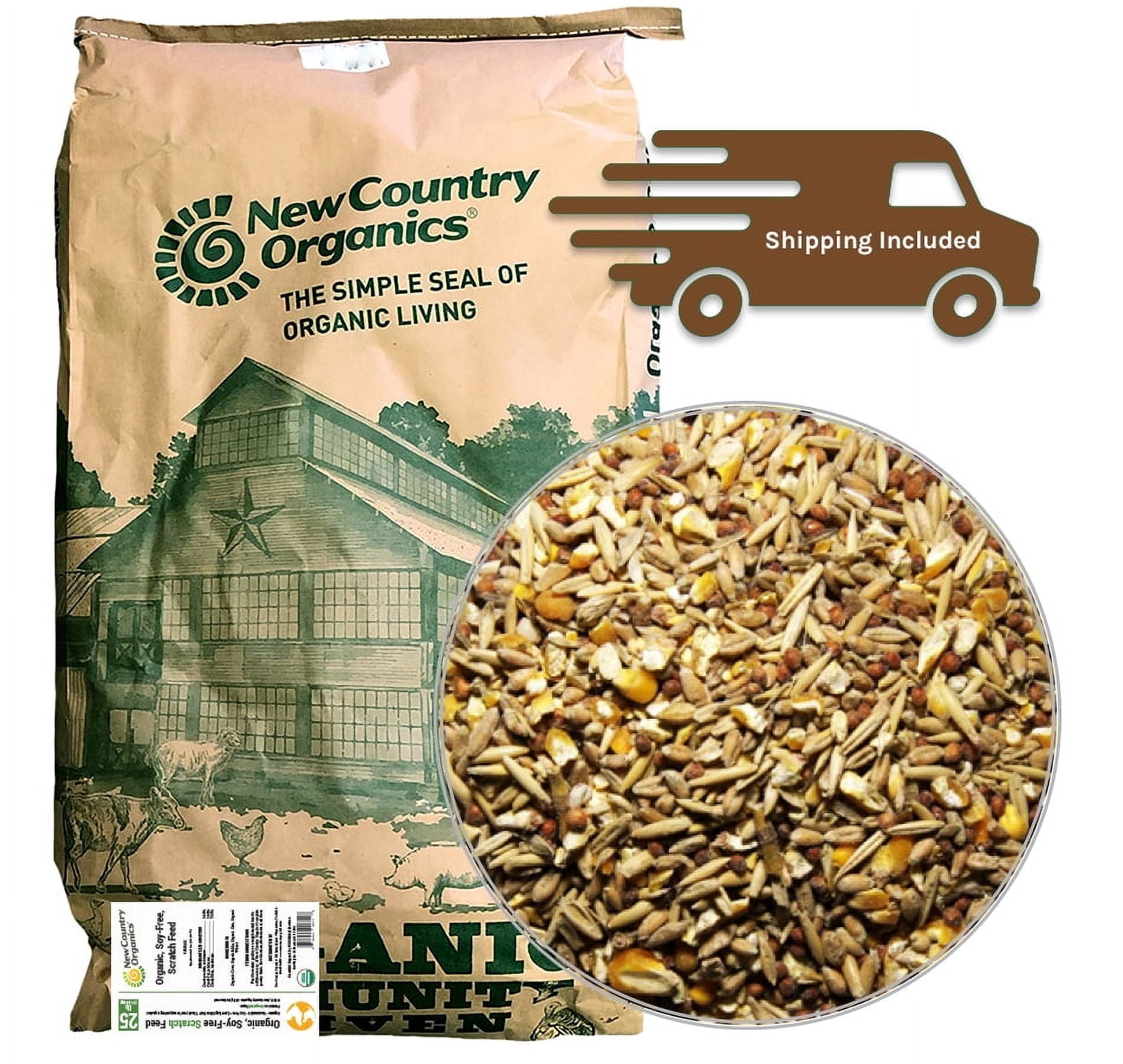 New Country Organics | Chicken Feed | Scratch Feed for Adult Poultry | Soy-Free | 9% Protein | Certified Organic and Non-GMO | 25 lbs