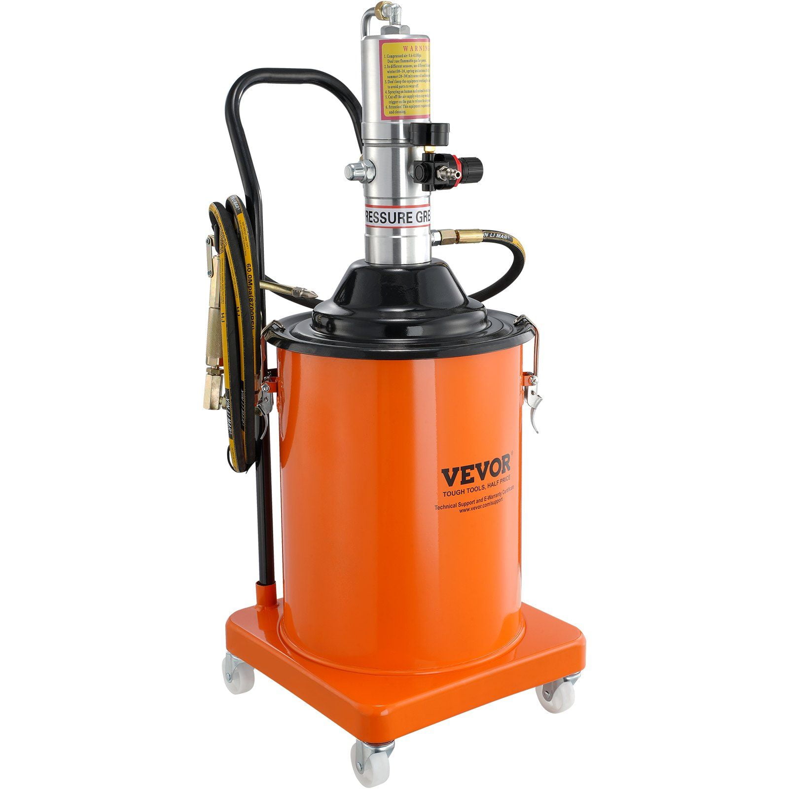 Air Operated Grease Pump, 5 Gallon (20L) Portable Pneumatic Lubrication System with 13 ft High Pressure Hose & Grease Gun, 50:1 Pressure Ratio, Wheeled Bucket Pump for Heavy-Duty Maintenance