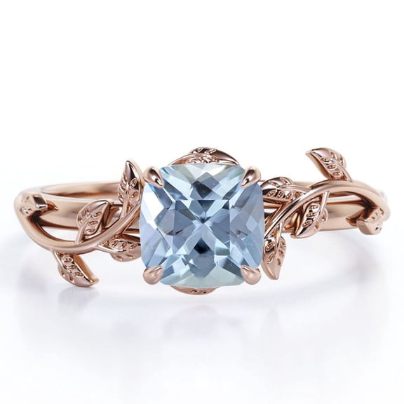 JeenMata 1 Carat Cushion Cut Created Aquamarine - 4 Prong Setting - Nature Inspired Engagement Ring - 18K Rose Gold Plating over Silver