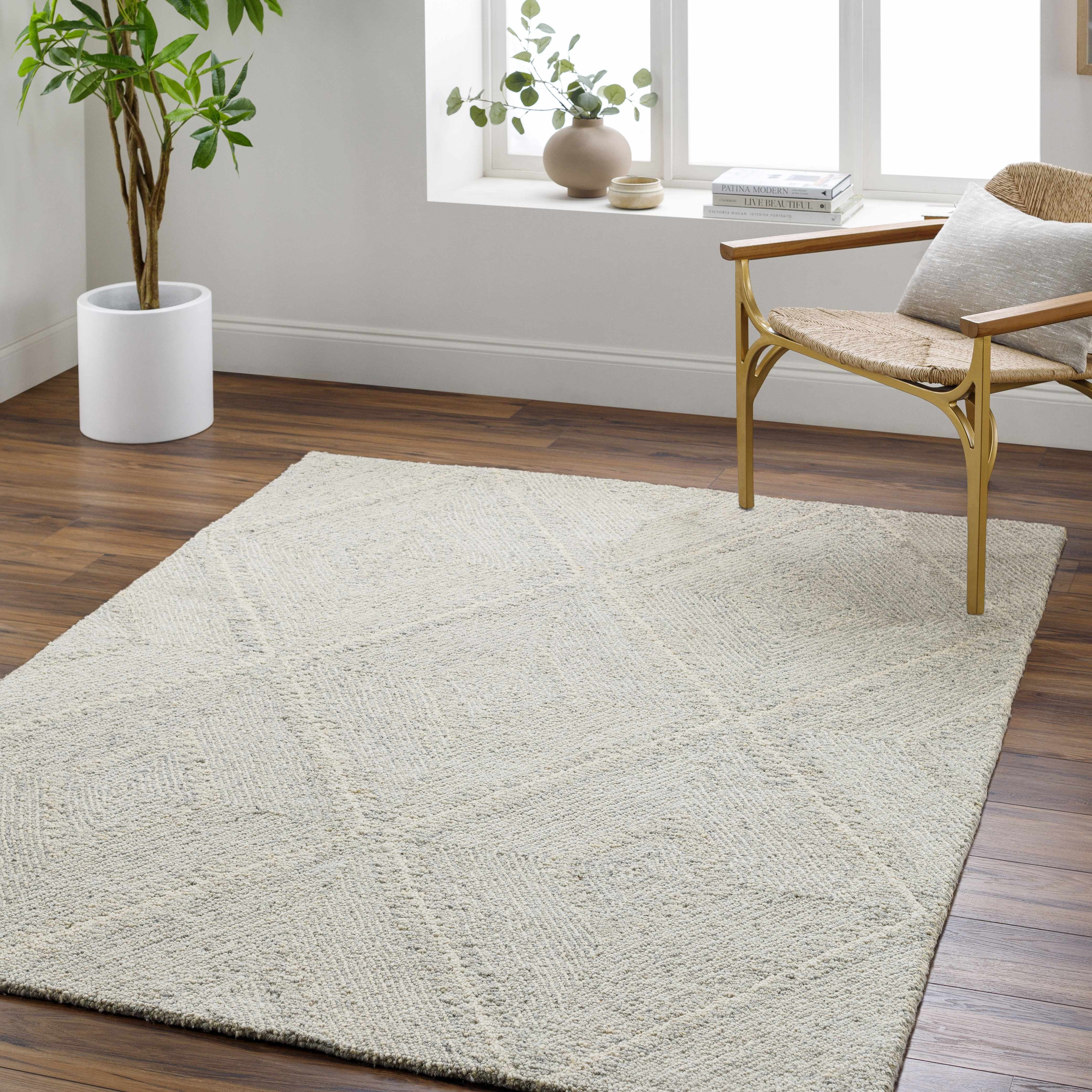 Hauteloom Alick Boho Diamond Hand Tufted Wool Natural Fiber Soft Large Area Rug - Traditional Trellis Carpet for Living Room, Bedroom, Dining Room - Cream, Sage - 8' x 10' (8x10 Area Rug)