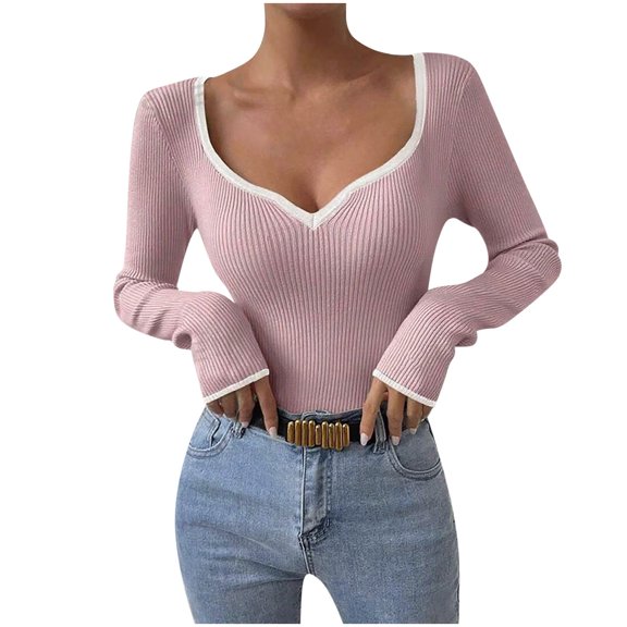 Lenpel Women's T Shirts Long Sleeve Scoop Neck Ribbed Knit Slim Tunic Tops Soft Casual Lightweight Sweaters(Pink,X-Large)