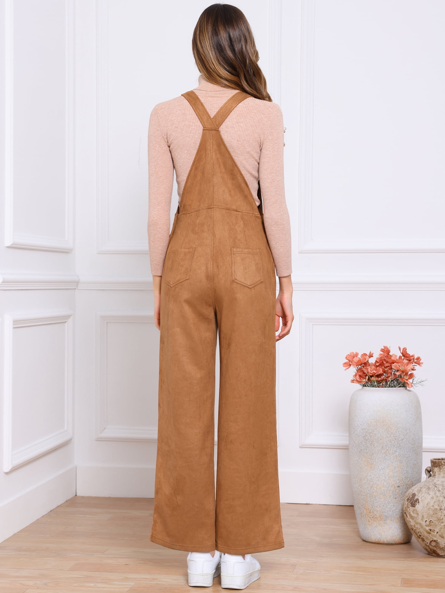 DARING DIVA Women's Adjustable Straps Wide Leg High Waisted Overalls with Pockets XS Brown