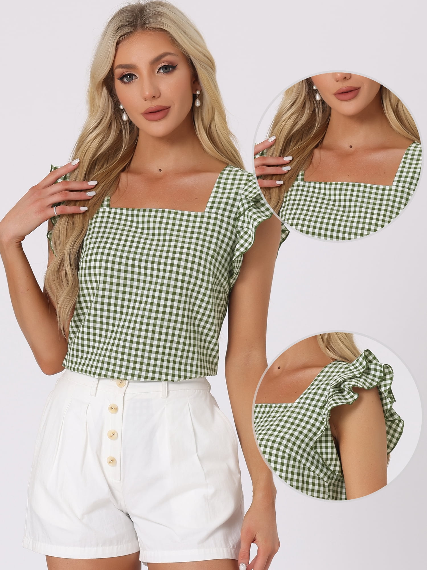 DARING DIVA Square Neck Ruffle Sleeve Blouse S Dark Green