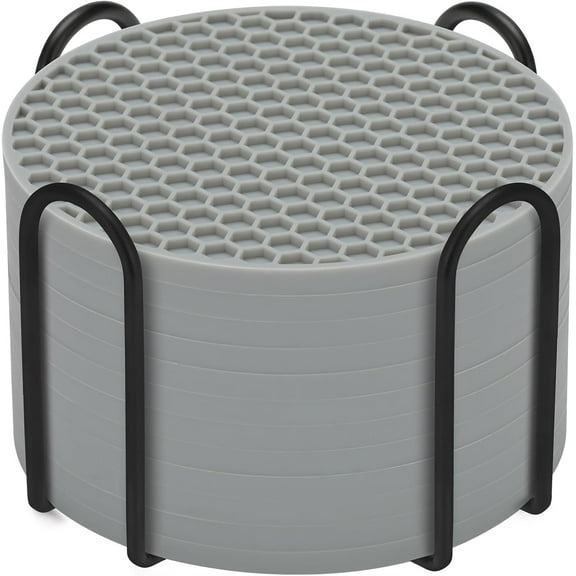 Silicone Coasters Set of 8 with Holder,Coasters for Drinks,Beer,Coffee Coasters,Suitable for Kinds Cups,Hot or Cold,Anti-SLI,Non-Stick,Anti-Overflow Tabletop Protection and Decor (12 Pcs, Gray)