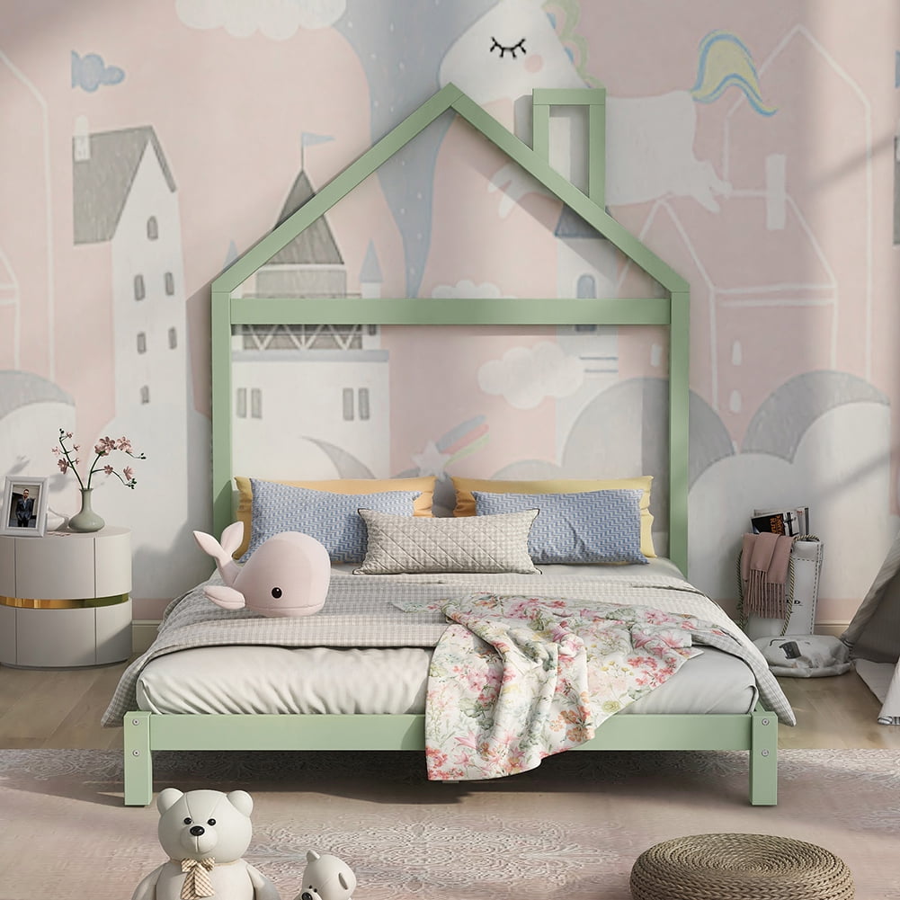 Kepooman Wood Platform Bed Frame with House-Shaped Headboard, Full Size, Green Kepooman Wood Platform Bed Frame with House-Shaped Headboard, Full Size, Green