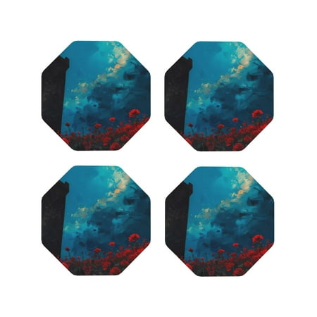 

Tideii Tower And Red Roses for Leather Coasters 4 Pieces Anti-fouling and Anti-scalding Decorative Coasters Suitable for Restaurants Kitchens Coffee Shops-Octagon