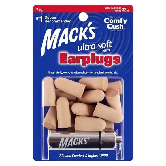 Mack’s Ultra Soft Foam Earplugs, 7 Pair   Case – 33 dB Highest NRR, Comfortable Ear Plugs for Sleeping, Snoring, Travel, Concerts, Studying and Noise