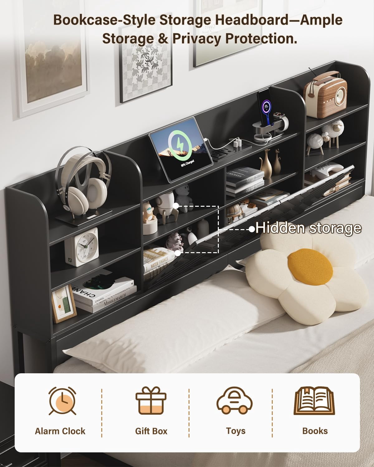 Farmhouse King Size Bed Frame with Move Storage Headboard & 2 Drawers, Platform Bed Frame with 3-in-1 Charging Station, Upholstered Bed Frames with Metal Slats Support