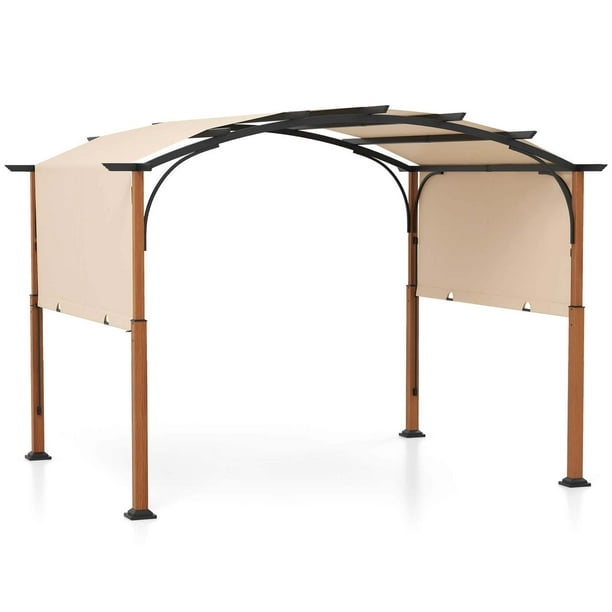 Costway Pérgola Retráctil de 300 x 360 cm, Arqueada con Toldo Parasol y Postes de Madera, 16 Clavos Incluidos, Cenador de Metal para Exteriores para Jardín, Patio Trasero, Porche, Beige/Gris