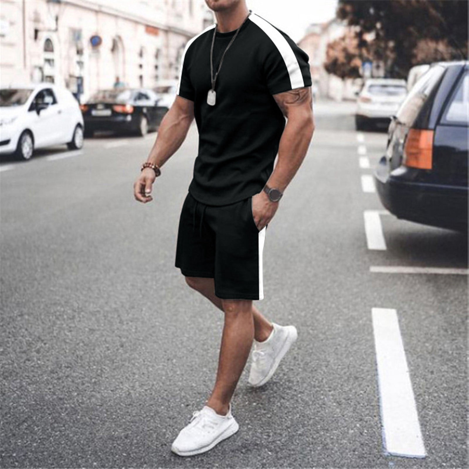 Ensemble Homme été - T-shirt Manches Courtes + Short Ample Taille élastique - Tenue Décontractée Pour Sport, Plage, Quotidien