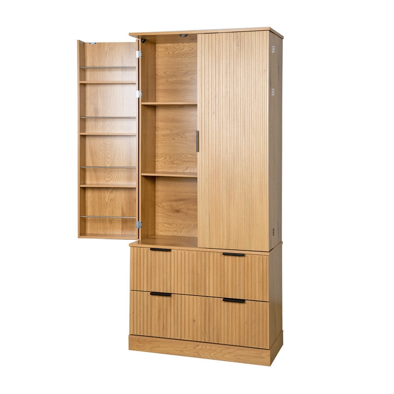 72'' Tall Fluted Kitchen Pantry Hutch with Rack & Drawer, Multi-Functional Storage Cabinet, Freestanding Cupboard Organizer