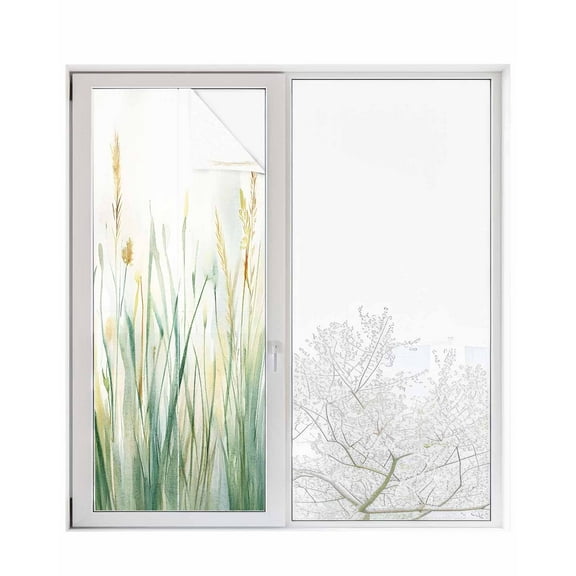 Window Privacy Film Spring Green Leaf Stained Glass Window Film Decorative Sun Block Window Cover Country Botanical Watercolor Plant Window Clings Static Adhesive Sticker for Bathroom 29.5"x78.7"