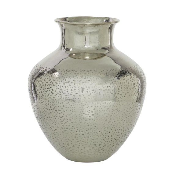 DecMode Silver Aluminum Metal Round Engraved Decorative Vase, 13" x 16"