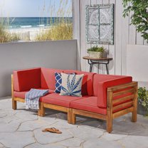 Noble House Oana Outdoor Modular Acacia Wood Sofa with Cushions Teak and Red