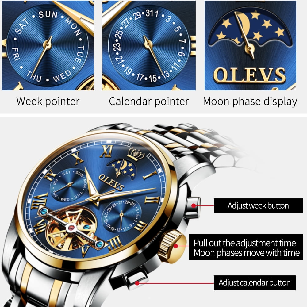 OLEVS Automatic Watches for Mens Skeleton Mechanical Self Winding Chronograph Calendar Classic Dress Moon Phase Multifunction Mens Wrist Watches Luminous Waterproof Stainless Steel Reloj Para Hombre