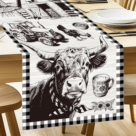 Table Runner Farm Cow and Tractor 13"x72" Table Decorations Durable Summer Dining Decor