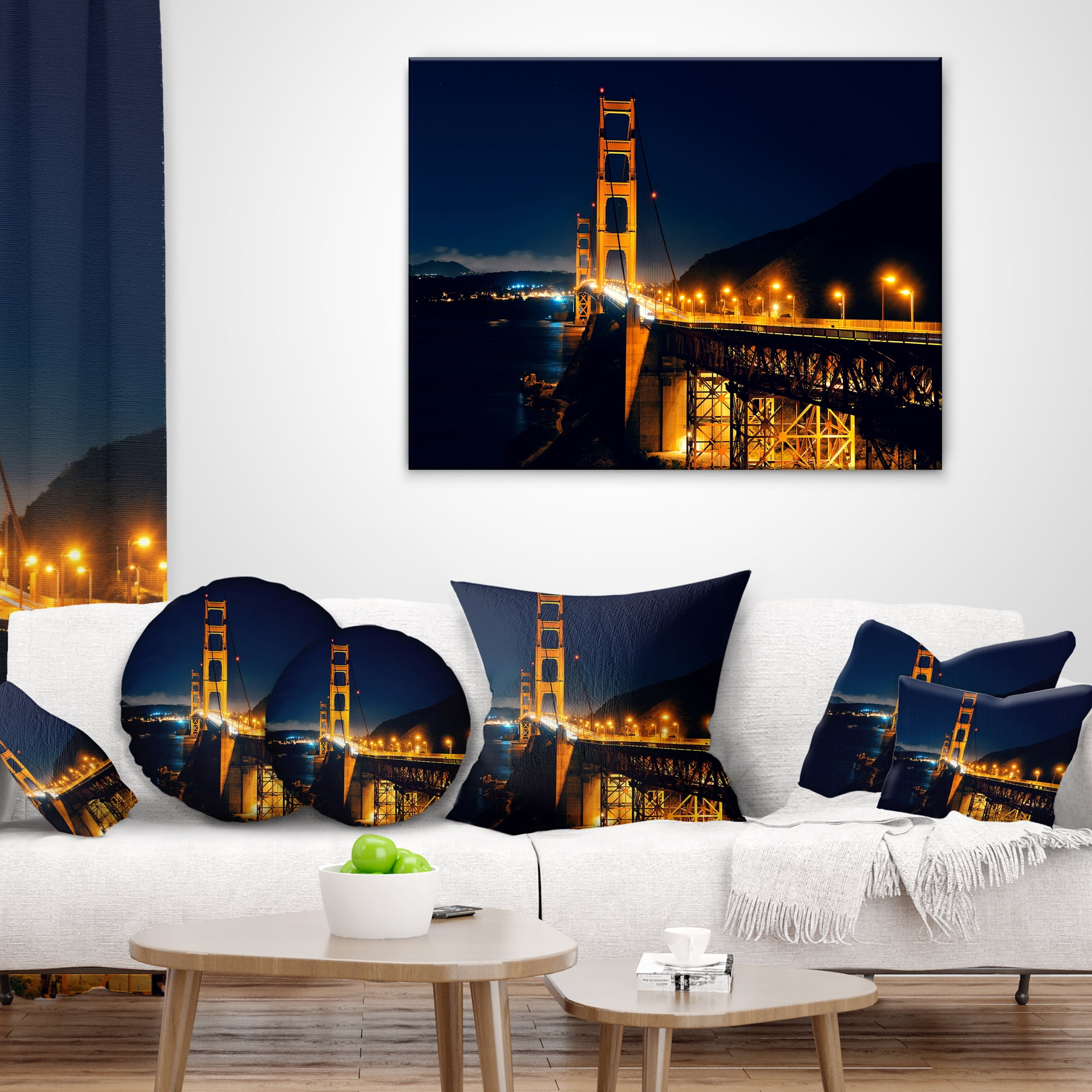 Designart Golden Gate at Night - Sea Bridge Throw Pillow - 12x20