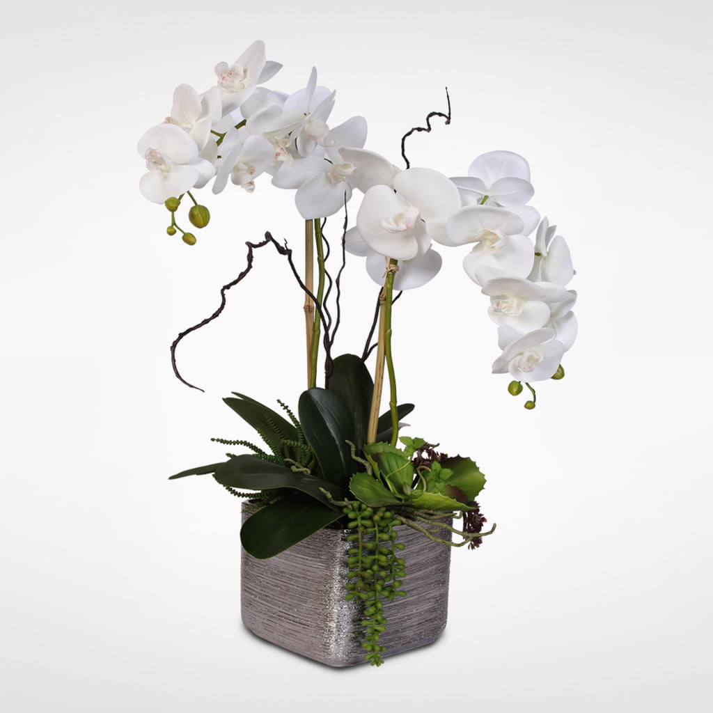 Dahlia Realistic Orchid Artificial Flower Arrangement with Etched White Ceramic Pot Pink