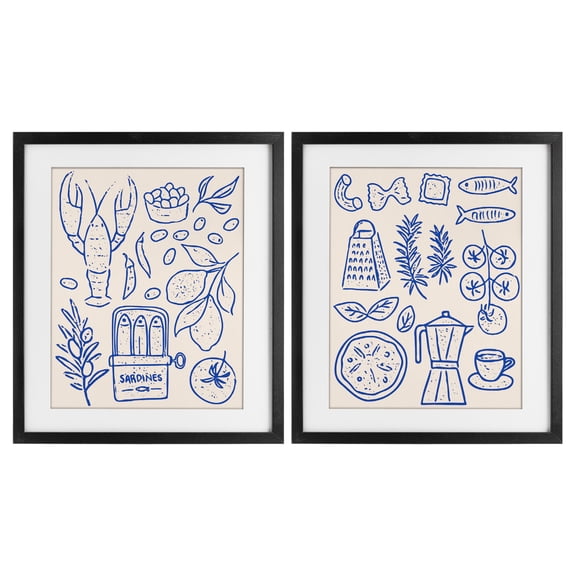 Stupell Industries Mediterranean Kitchen Simplicity 2 Piece Black Framed Print Under Glass Set, design by Camila Juncos