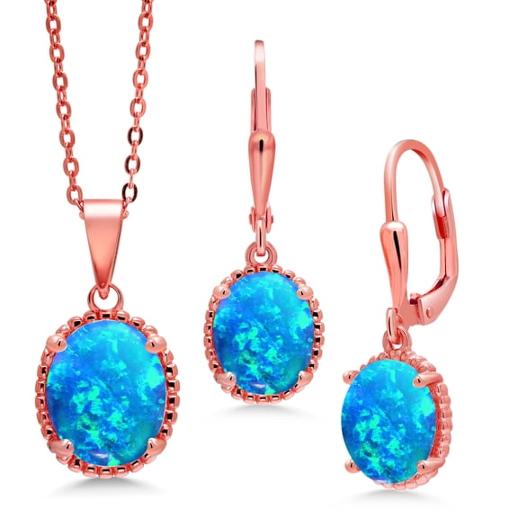 Gem Stone King 2.29 Cttw Oval Cabochon Blue Simulated Opal 18K Rose Gold Plated Silver Pendant and Earrings Jewelry Set
