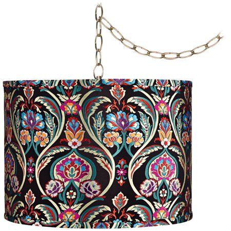 

Possini Euro Design Antique Brass Plug-In Swag Chandelier 15 Wide Modern Multi-Color Embroidery Drum Shade for Dining Room House