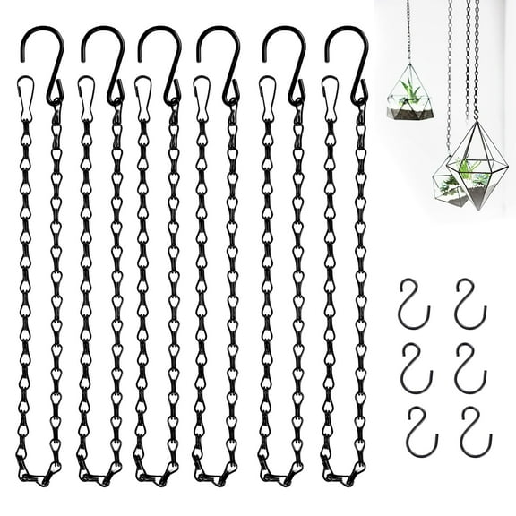 6PCS Hanging Chains with S Hooks, 24.2IN Long Chains with Clips, Adjustable Black Metal Chains Hanger for Plant