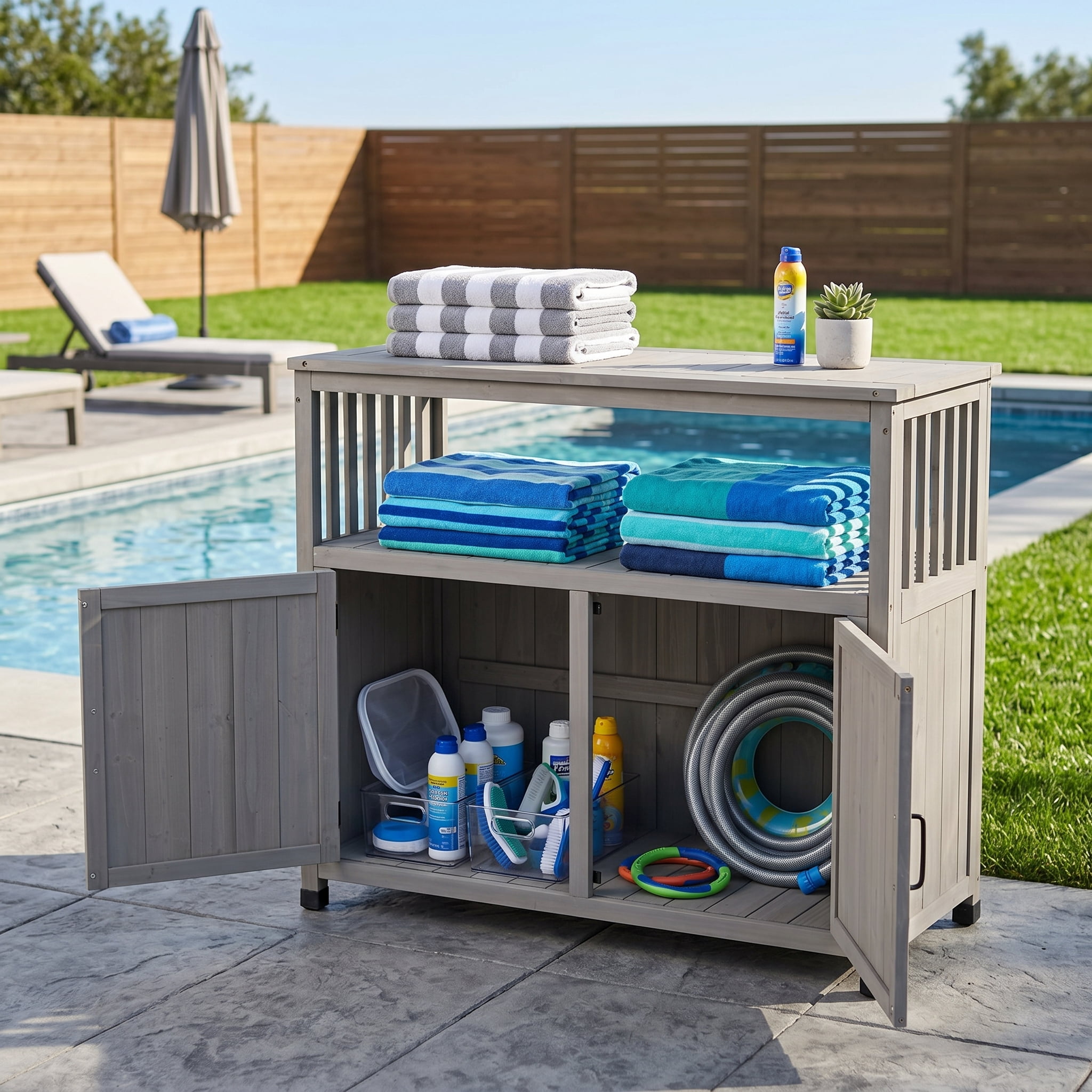 Wooden Patio Bar Set, Sideboard Storage Cabinet Combination Furniture for Indoor Outdoor Garden Backyard, Grey