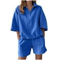 thumbnail image 3 of DDAPJ pyju Summer Outfits for Women 2 Piece Linen Matching Set Quarter Zip Half Sleeve Tops and Wide Leg Shorts Track Suit Sets with Pockets Ofertas del día Blue M, 3 of 7