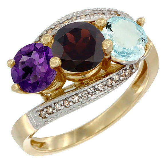 14K Yellow Gold Natural Amethyst, Garnet & Aquamarine 3 stone Ring Round 6mm Diamond Accent, size 10