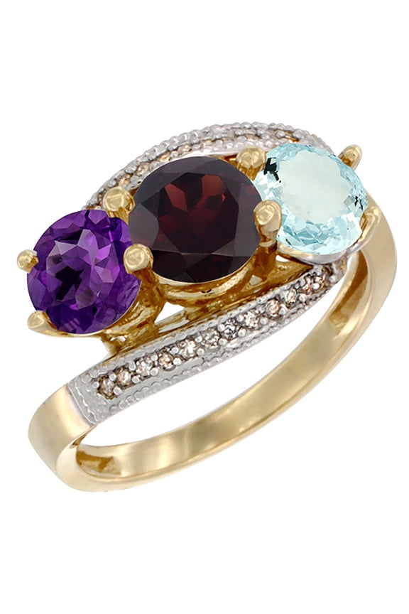 14K Yellow Gold Natural Amethyst, Garnet & Aquamarine 3 stone Ring Round 6mm Diamond Accent, size 10