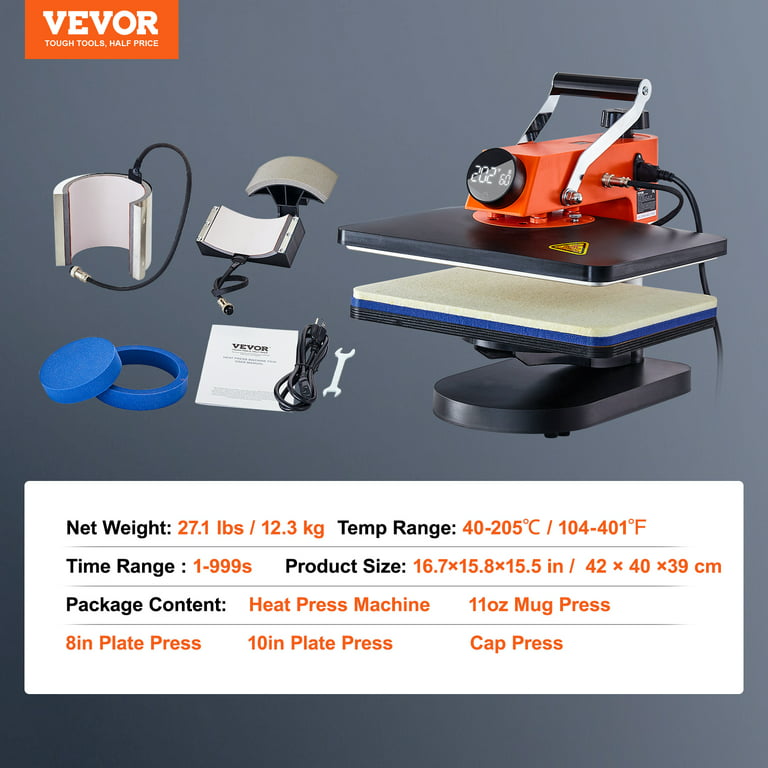 VEVOR Heat Press Machine 15 x 15 inch 8 in 1 Heat Press 800W Sublimation Machine 360A Rotation Swing Away 8 in 1 Shirt Printing Machine Dual-Tube