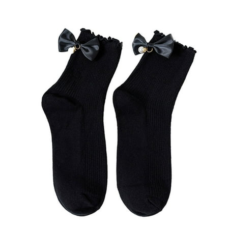 

Sorrowso Women Lolita Ribbed Cotton Crew Socks Japanese Preppy Style Sweet Pearl Pendant Bowknot Ruffled Trim Princess Hosiery