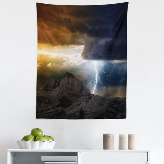 Landscape Tapestry, Thunder Rays from Dark Clouds Hitting down to the Mountain Storm Theme Art Print, Fabric Wall Hanging Decor for Bedroom Living Room Dorm, 5 Sizes, Grey Orange, by Ambesonne