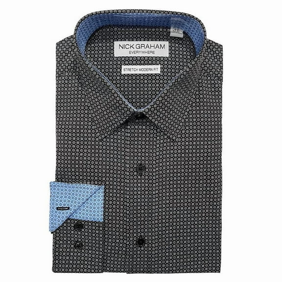 Nick Graham Men's Traveler Collection Performance Modern-Fit Stretch Dress Shirt 18-18.5 Sleeves 36/37 Neck Black Star