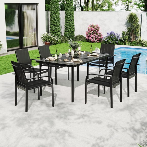 7-Piece Patio Dining Set for 6 People, Includes 55" Rectangle Table & 6 Textilene Dining Chairs with Iron Armrests, All-Weather Furniture for Lawn, Porch, Balcony & Poolside