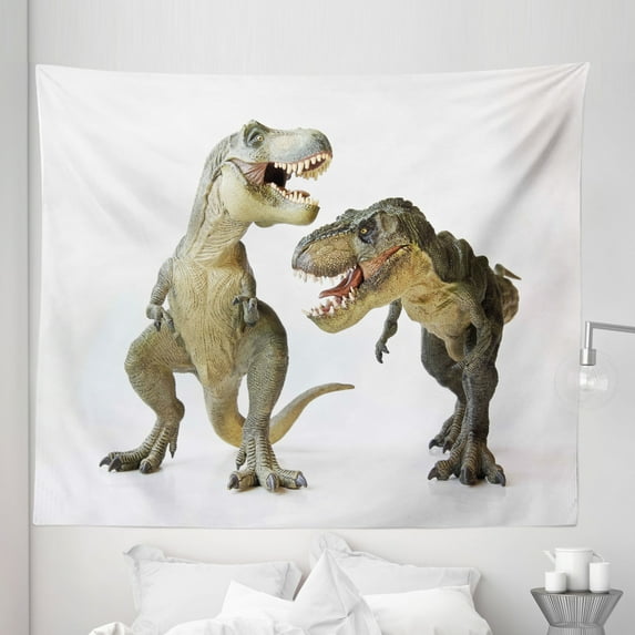 Dinosaur Tapestry, Tyrannosaurus Rex Pair Facing Off Ferocious Creatures Prehistoric Predators, Fabric Wall Hanging Decor for Bedroom Living Room Dorm, 5 Sizes, Ivory Brown Grey, by Ambesonne