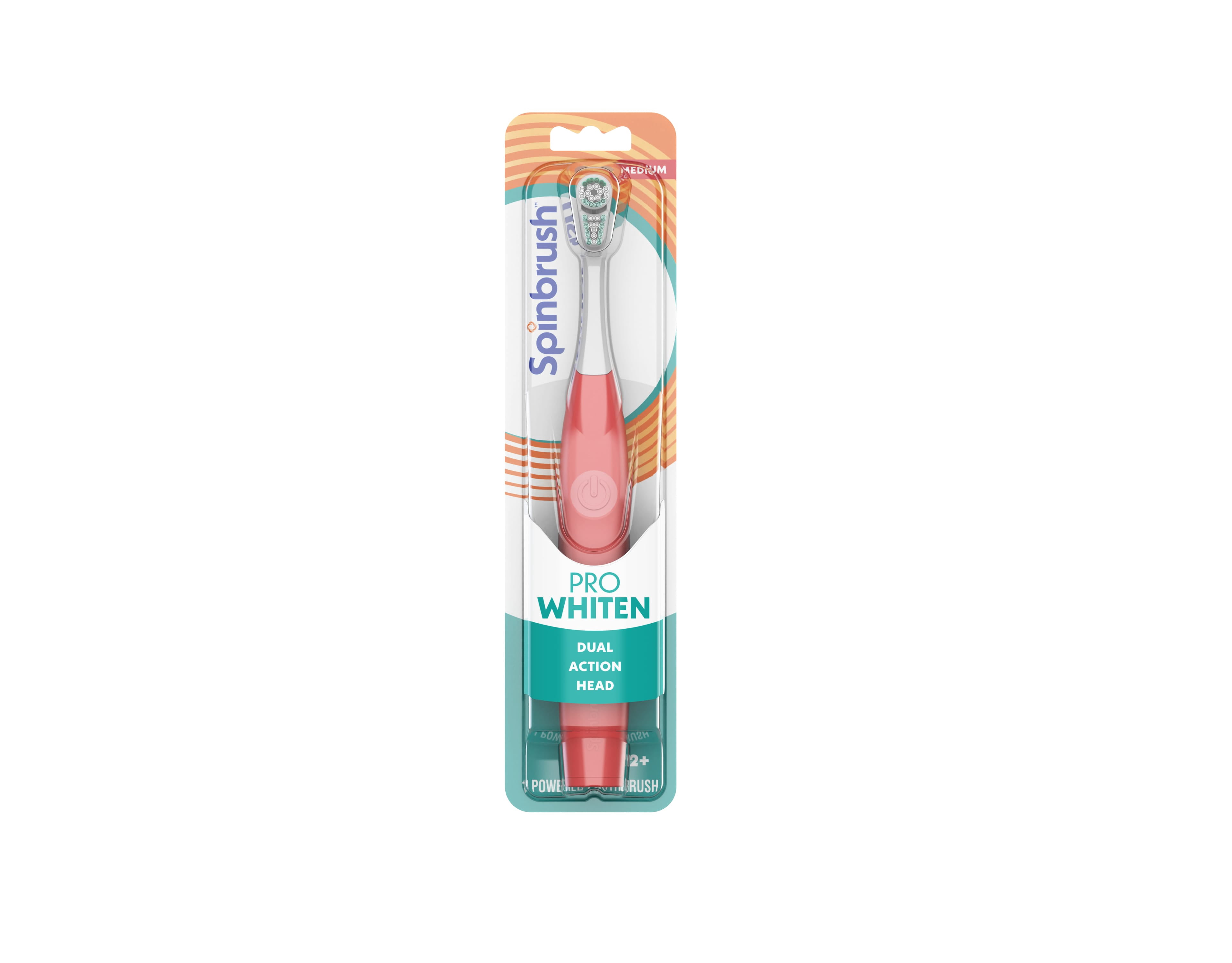 SPINBRUSH PRO WHITEN BATTERY POWERED ELECTRIC TOOTHBRUSH FOR ADULTS, MEDIUM BRISTLES, CORAL